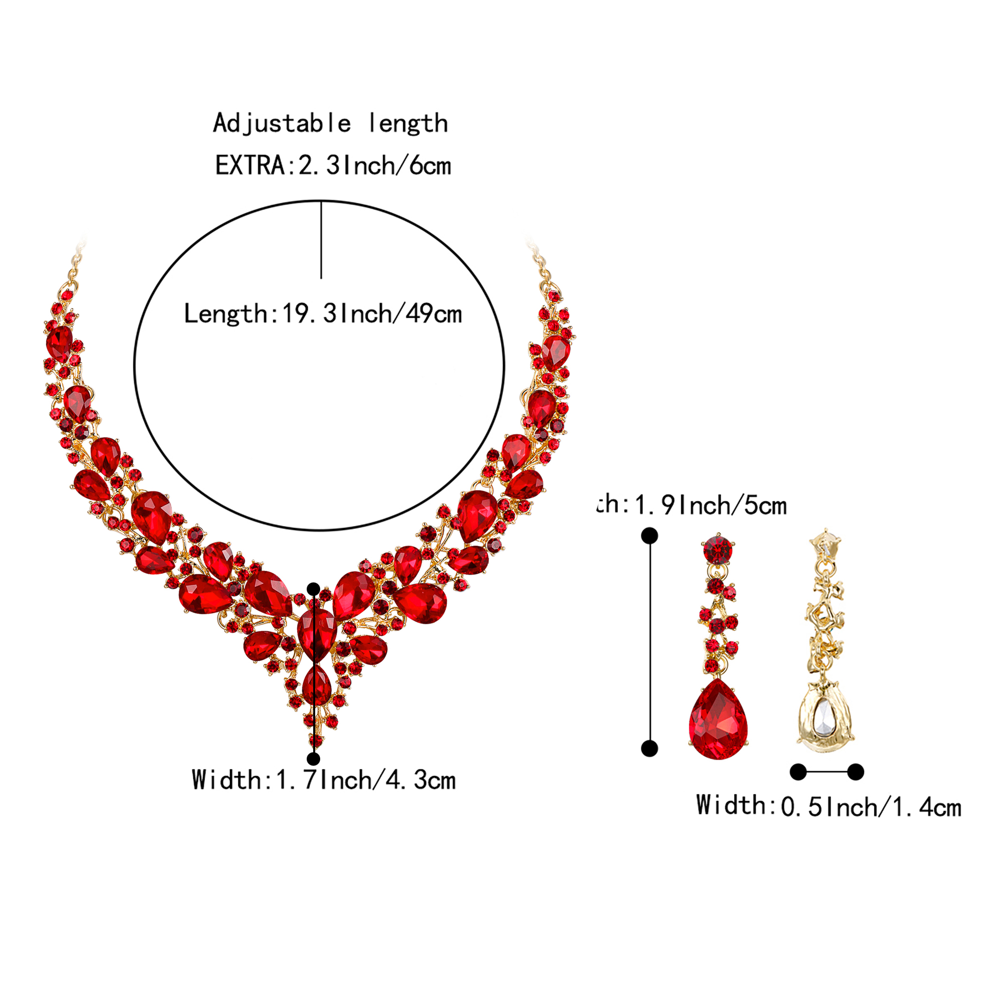 Wedure Wedding Bridal Necklace Earrings Jewelry Set for Women, Austrian Crystal Teardrop Cluster Statement Necklace Dangle Earrings Set Ruby Color Gold-Tone - image 4 of 5