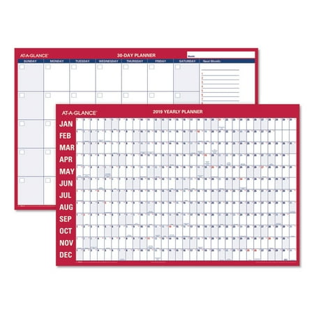 Visual Organizers Erasable Wall - HORIZONTAL ERASABLE WALL PLANNER, 36 X 24, WHITE/RED, 2019