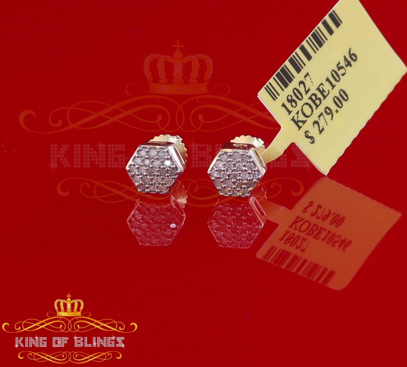 King of Bling's 0.15ct Diamond Stud Hexagon Earrings Yellow 925 Sterling Silver For Men/ Women
