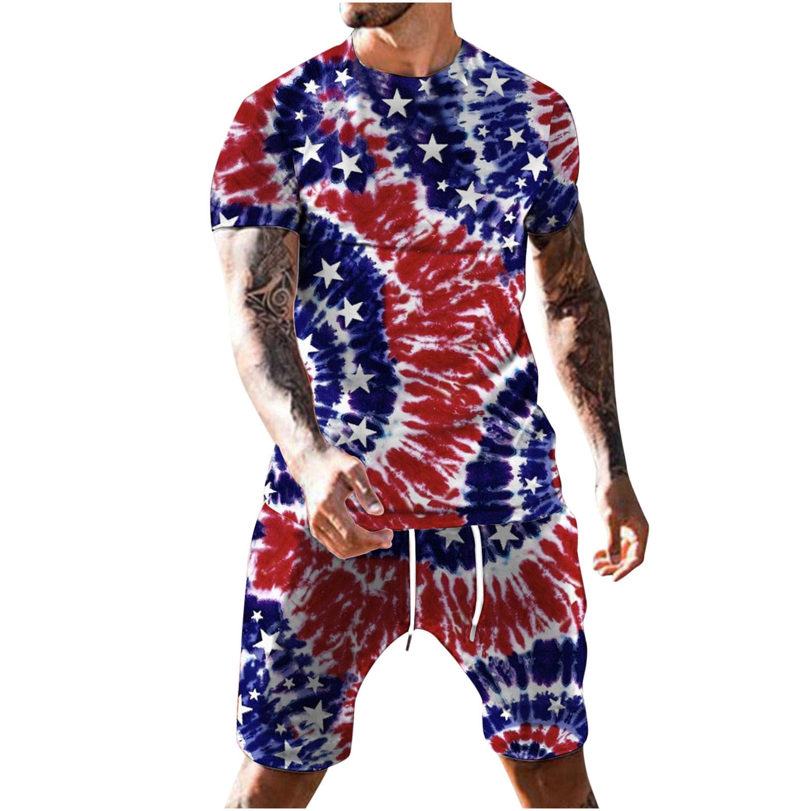 Men's Crew Neck Short Sleeve T Shirts Big V Fire Flag Print Drawstring Shorts  Two Piece Suit, Free Shipping For New Users