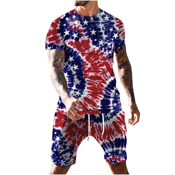 Camisas Para Hombre Elegantes Tops Casuales Cuello Redondo Impresión Del Día de La Independencia Blusa de Manga Corta Y Pantalones Cortos Pantalones Traje de Dos Piezas Odeerbi ODB165229