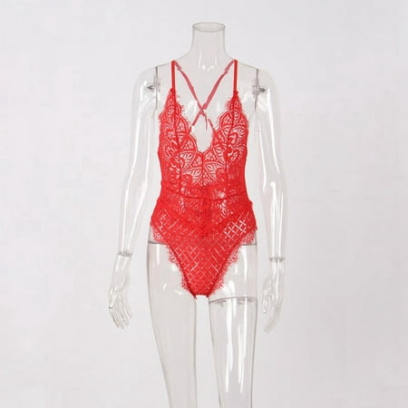 Women One Piece Lingerie Deep V Teddy Sexy Lace Bodysuit Open Back S-XXL (Red XXL)
