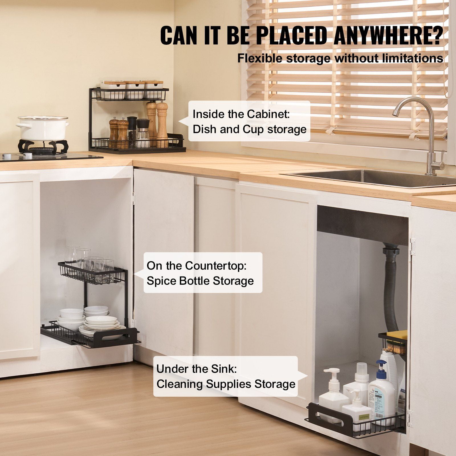 Kitchen Cabinet Organizer with 2-Tier Slide-Out Wire Baskets, 10.7x14.2 Inch Under Sink Storage Drawer – Compact Design