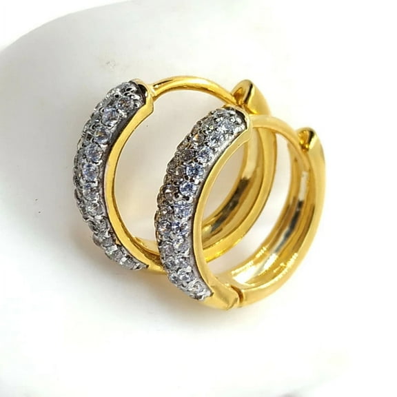 14K Yellow Gold Plated 925 Sterling Silver Men's Huggie Hoop Earrings with Round Simulated Diamonds