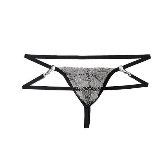 Womens Lace Thong Panties Double Strap Metal Ring Low Rise Lingerie, No VPL Breathable Backless Underwear, Black One Size,Size Free Size