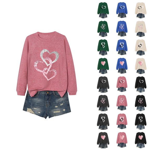 Fall Shirts for Women 2025 Love Heart Print Casual Crewneck Basic Shirt Valentines Blouse Long Sleeve Shirts for Women