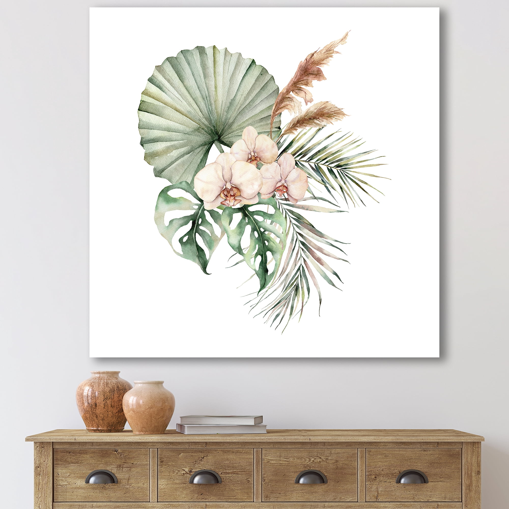 Tropical Bouquet With Palm Orchids Leaves 30 in x 30 in Painting Canvas Art Print, by Designart