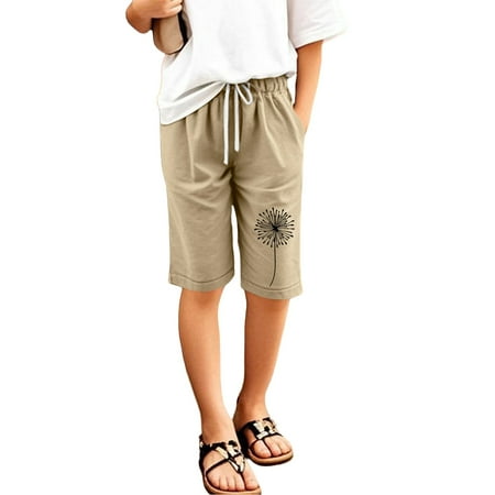 lnmuld Girls Casual Solid Color Shorts - Elastic Waist Side Pockets Lightweight Comfortable Color:Khaki Size:5-6 Years