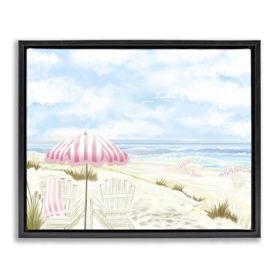 Seascape with Pink Umbrella Black Framed Floater Canvas Wall Art, design by Lori Mosley