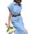 thumbnail image 2 of Women's Button Down Belted Cotton Linen Maxi Dresses Sleeveless Long Pockets Shirt Dress Blue S, 2 of 7