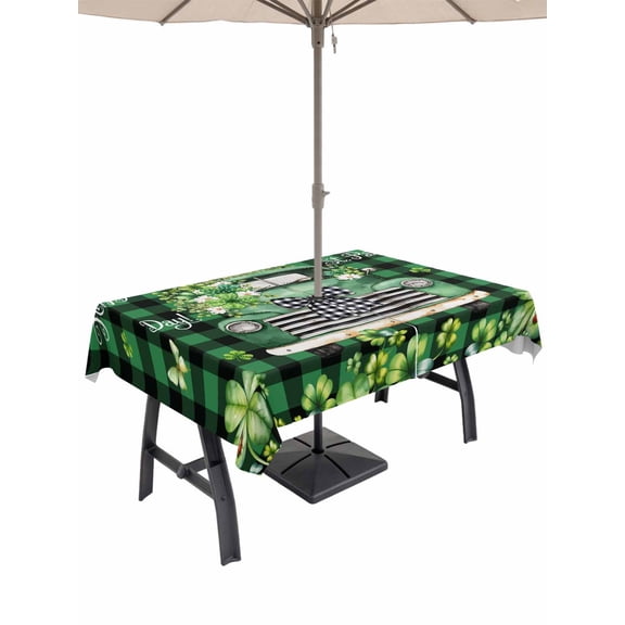 Outdoor Tablecloth with Umbrella Hole and Zipper, St. Patrick's Day Rectangle Table Cloth 60x102 Inch Waterproof Tablecloth, Spring Green Truck Clovers Flowers Plaid Picnic Table Cover for Patio