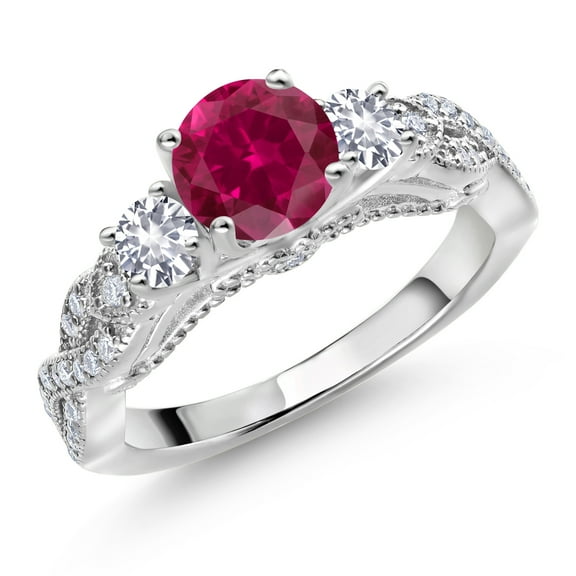 Gem Stone King 925 Sterling Silver Red Created Ruby White Created Sapphire and White Moissanite Engagement Ring for Women (1.53 Cttw, Gemstone July Birthstone, Round 6MM and 3MM, Size 8)