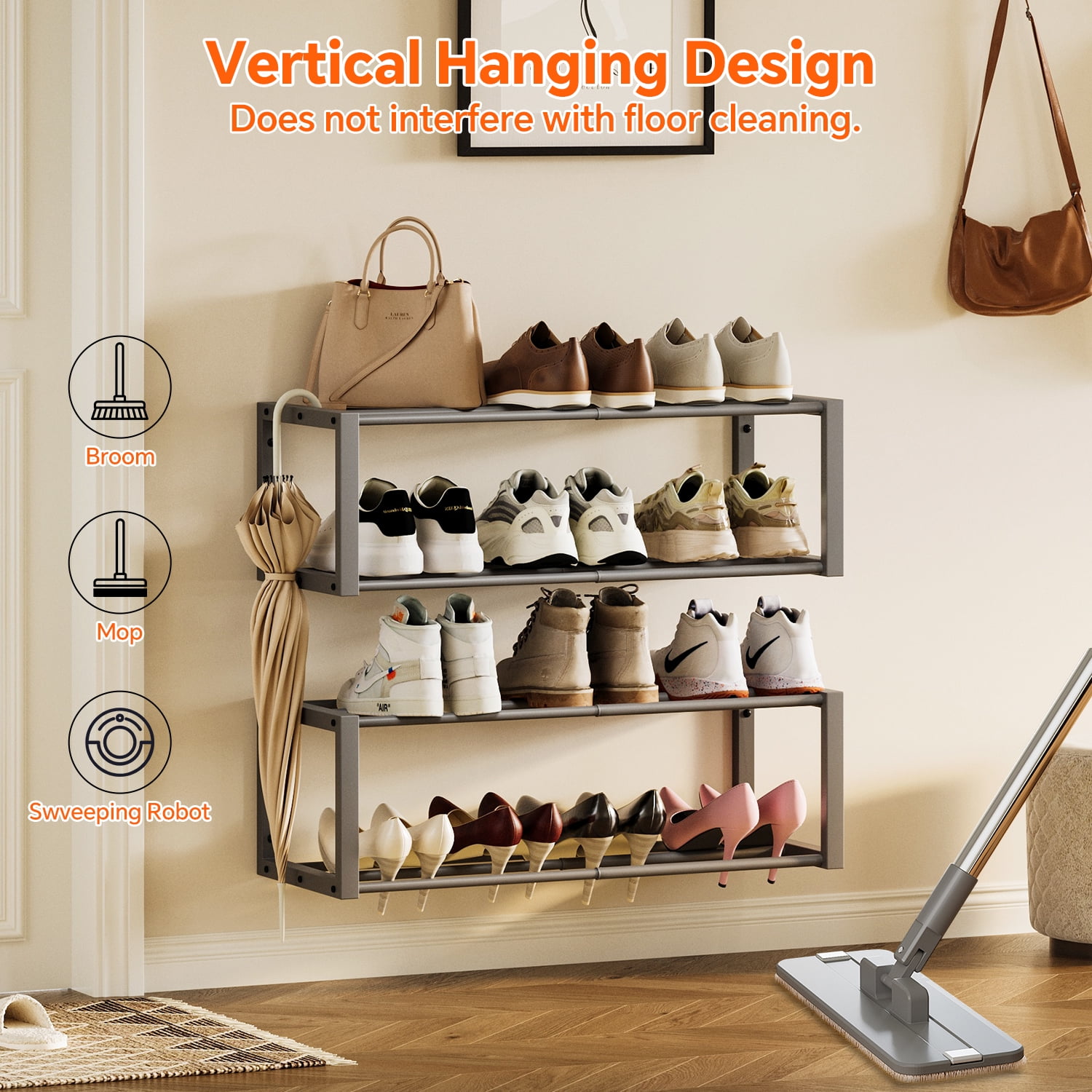 Hanging Shoe Organizer,2 Pack Wall Mounted Shoe Rack Holds 12 Pairs,Space Saving Metal Wall Shoe Rack,Hanging Shoe Rack Shoe Holder for Small Space,Entryway,Closet,RV,Camper（Gray)