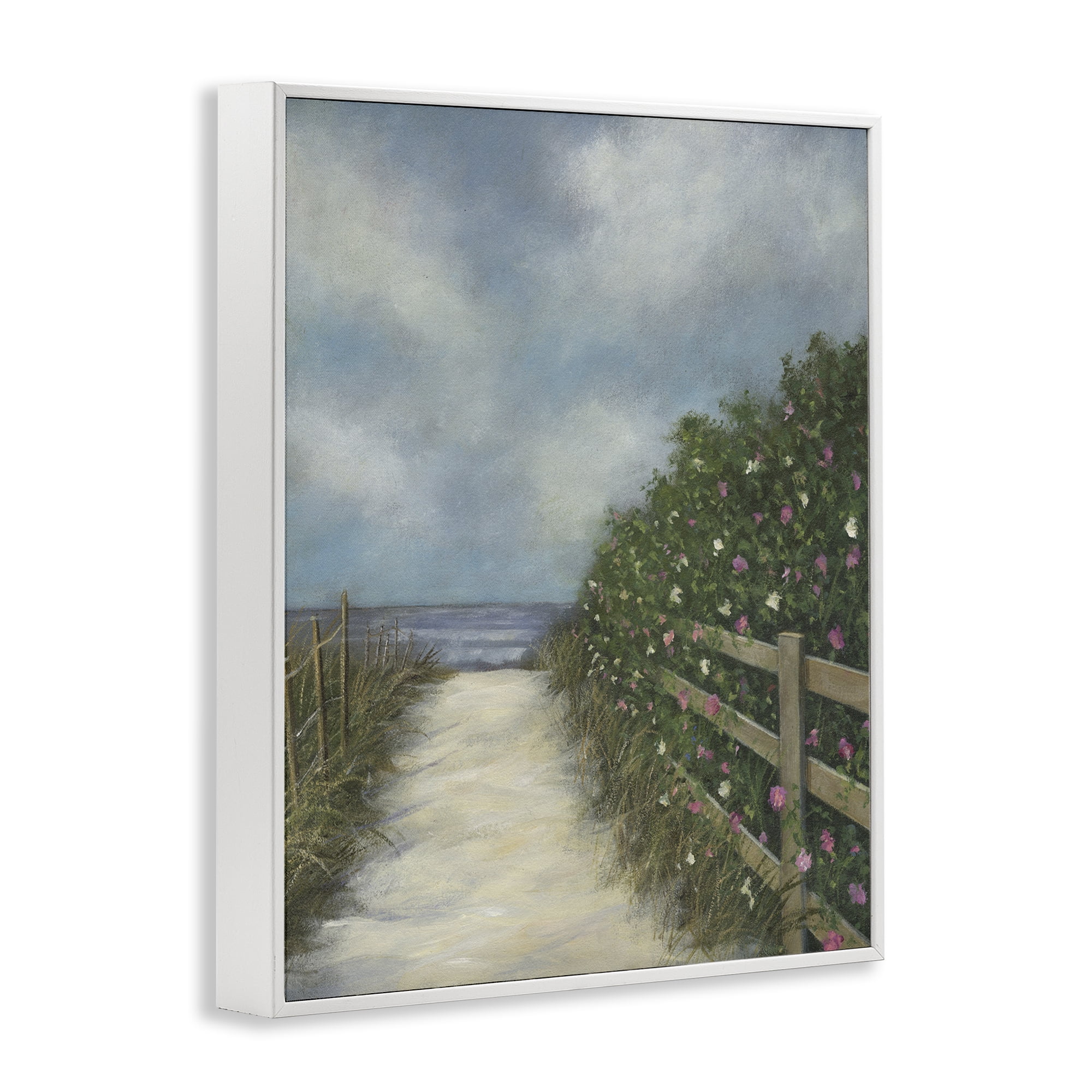 Stupell Industries Floral Lined Beach Path Landscape Painting White Framed Art Print Wall Art, 24 x 30