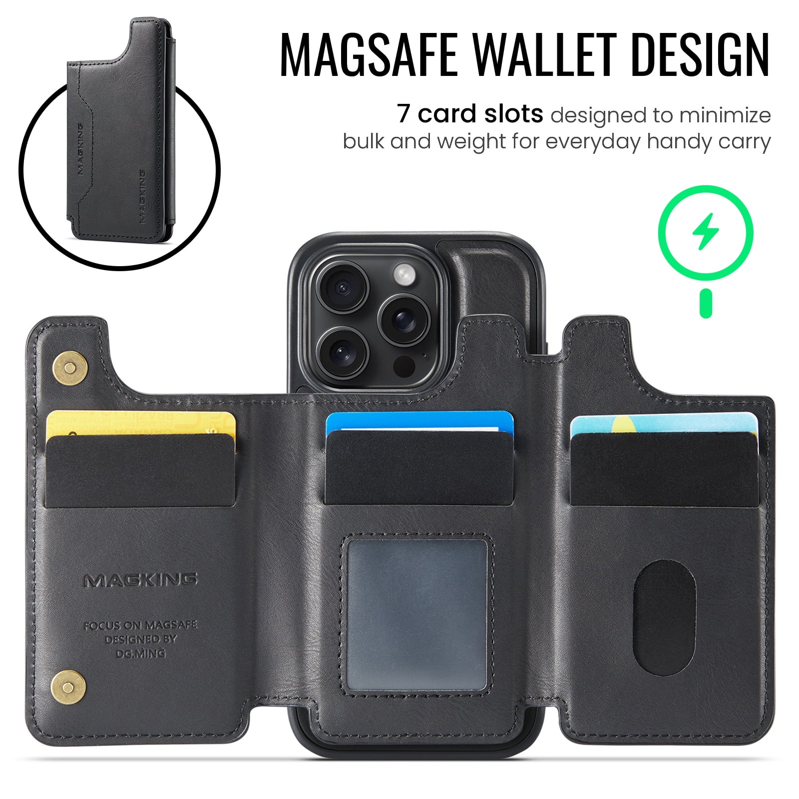 Designed for iPhone 16 Pro Max Wallet Phone Case,Magnetic Detachable Flip Card Holder,Back Flip Kickstand,Compatible with Mag-Safe,2-in-1 PU Leather Heavy Duty Shockproof Phone Case,Black