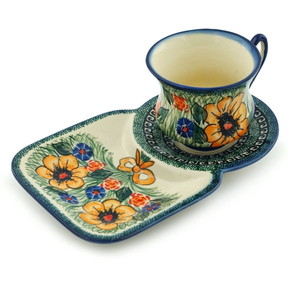 Polish Pottery 6 oz Cup with Tray (Yellow Flower Theme) Signature UNIKAT Hand Painted in Boleslawiec, Poland   Certificate of Authenticity