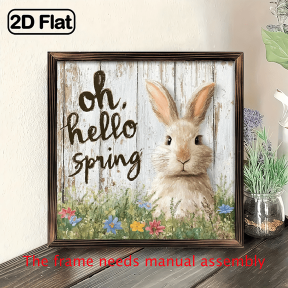 1pc 2D Flat Spring Bunny Wildflower Theme Wall Hanging Wooden Framed Sign for Rustic Bedroom, Living Room, Farmhouse Decor, Easter, Garden, Spring Seasonal Wall Art, 8x8 inch