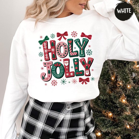 Holy Jolly Sweatshirt, Retro Shirt, Cute Sweater, Pink Sweatshirt, Festive Winter Pullover for Women Tshirt All Size S-5XL