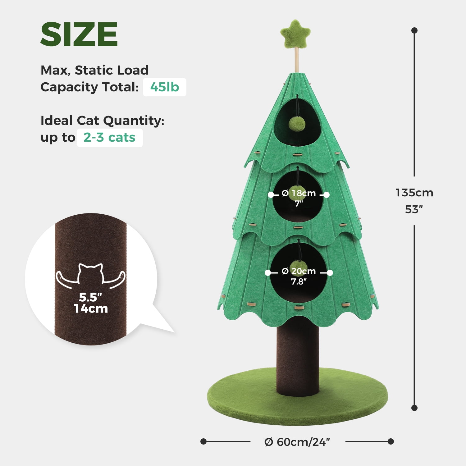 Pefilos 53" Christmas Cat Tree for Indoor Cats, Cat Tower with 3 Condos & 4 Pompoms, Holiday Felt Stickers, Activity Center & Beds, Green