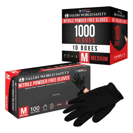 

Salon World Safety Black Nitrile Disposable Gloves 10 Boxes of 100 Size Medium 4 Mil Thick - Latex Free Powder Free Textured Tips Food Safe Comfortable Extra-Strong Protective Working Gloves