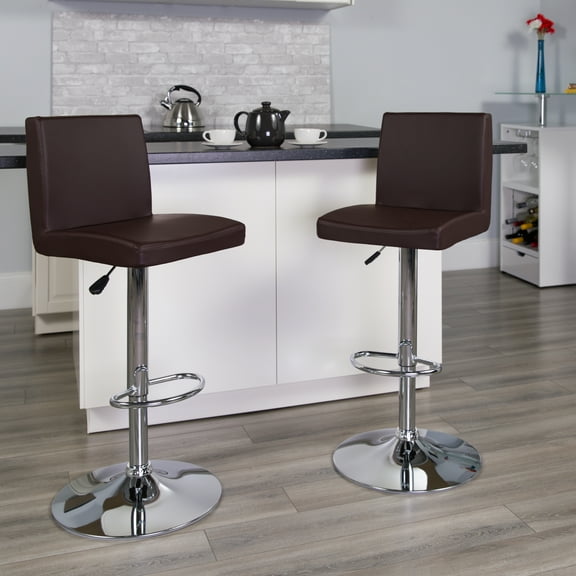 Flash Furniture 2 Pk. Contemporary Brown Vinyl Adjustable Height Barstool with Panel Back and Chrome Base