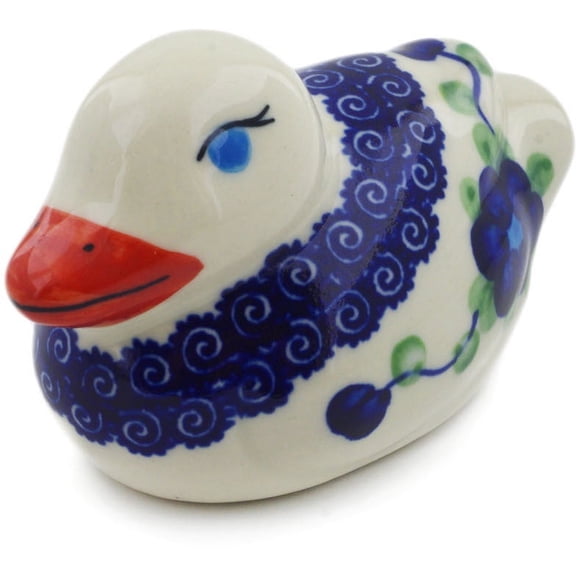 Polish Pottery 3¾-inch Duck Figurine (Blue Poppies Theme) Hand Painted in Boleslawiec, Poland   Certificate of Authenticity