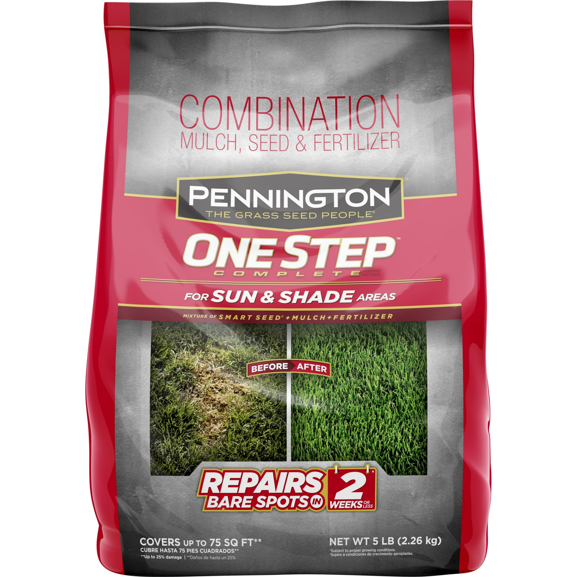 Pennington One Step Complete Patch and Repair Grass Seed and Fertilizer All in One Mix, for Sun to Partial Shade, New 5 lb Bag