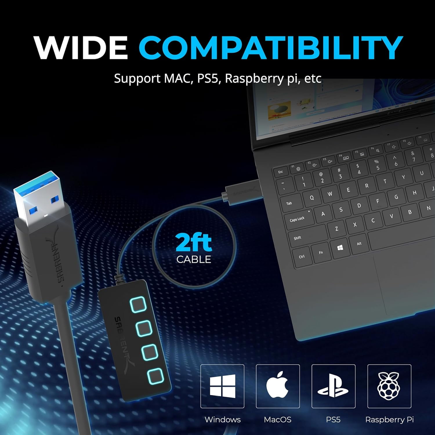 4 Port USB 3.0 Hub with Individual LED Lit Power Switches, Includes 5V/2.5A Power Adapter (HB-UMP3)