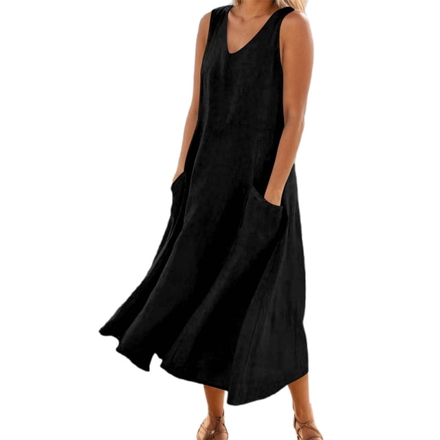 Vestido largo sin mangas con cuello en V y color liso para mujer: corte holgado, bolsillos, vestido informal cómodo para el día a día.