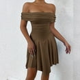 thumbnail image 5 of Women'S Off the Shoulder Mini Dress Ruffle Hem Ruched Corset Short Cocktail Party Dresses Brown S, 5 of 9