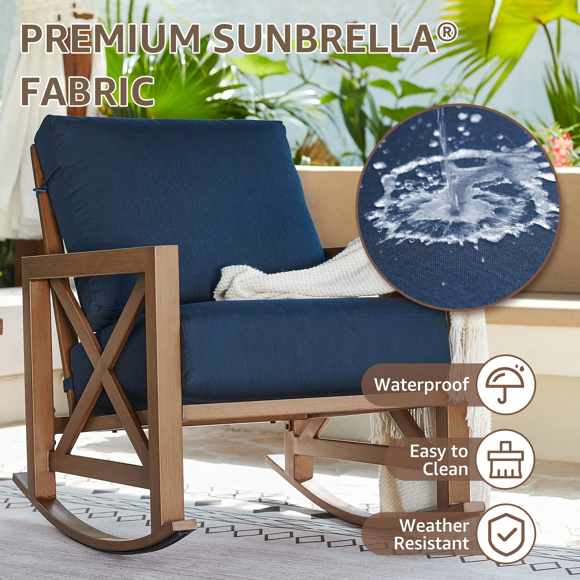 NATURAL EXPRESSIONS Sunbrella Rocking Bistro Set, 3 Piece Outdoor Patio Conversation Furniture Set with 6.5'' Thick Cushions Wood Grain Finish Frame for Backyard,Porch,Poolside