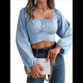 thumbnail image 3 of Blusa Corta con Volantes, Cuello Cuadrado y Fruncido para Mujer, Larga y Lazo Anudado Azul M, 3 of 10
