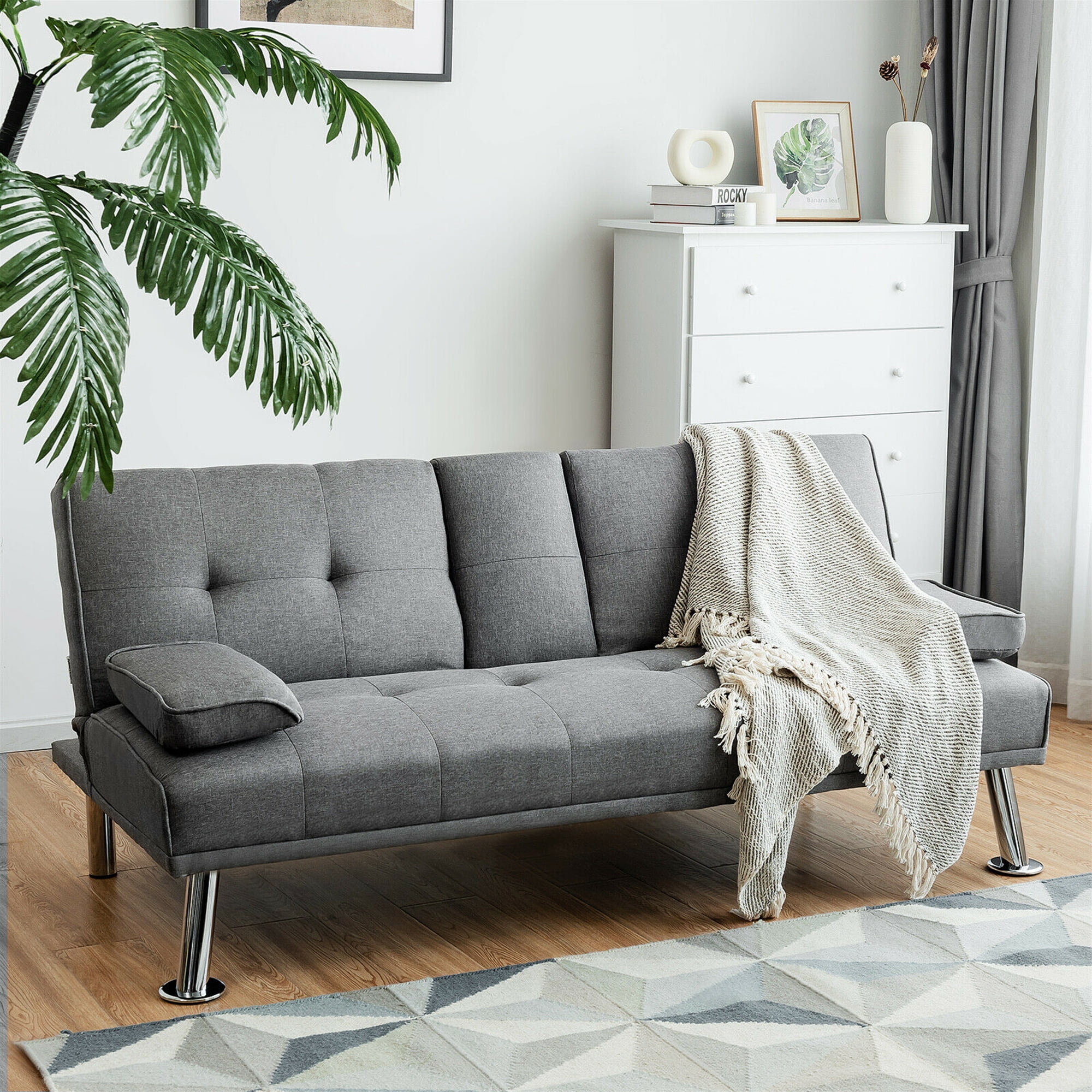 Gymax Folding Futon Sofa Bed Fabric w/2 Cup Holders Light Gray