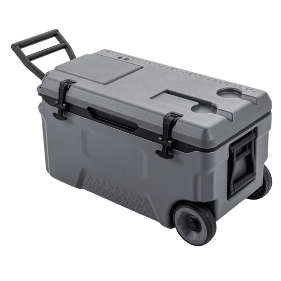 53 Quart Portable Rolling Cooler with Fish Ruler, 2 Wheels, Cup Holders, and Bottle Opener - Gray