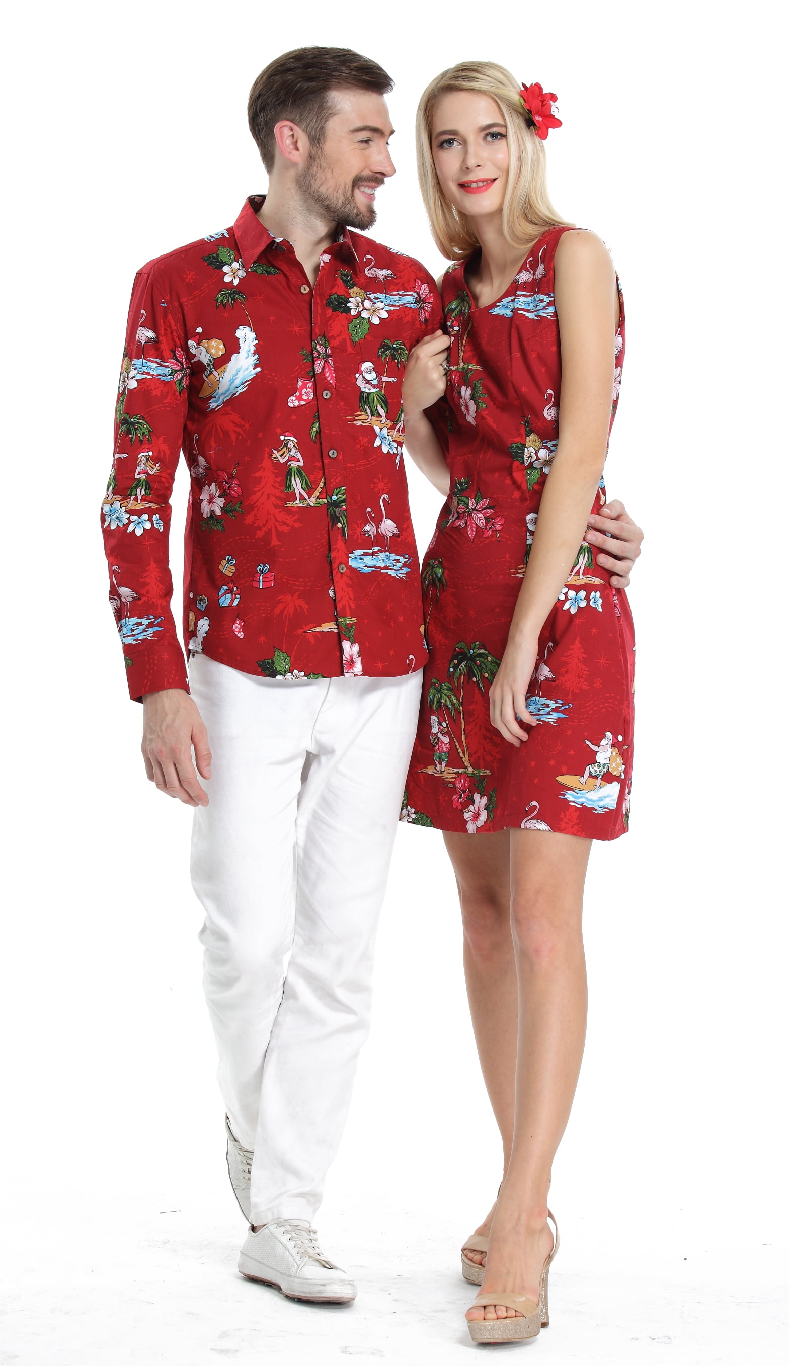 Couple Matching Hawaiian Luau Cruise Christmas Outfit Shirt Dress Santa Red  Men M Women M 
