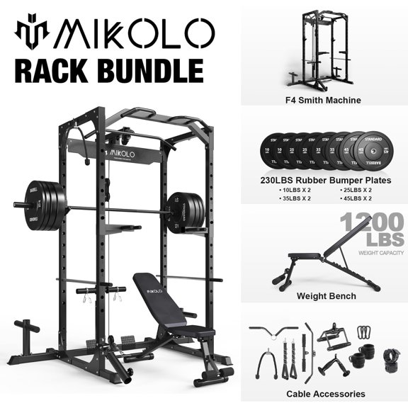 Mikolo Power Rack Cage, 1200LBS Weight Cage with 800LB Capacity Adjustable Weight Bench, 1500LB Capacity Barbell and 230LB Black Plate set