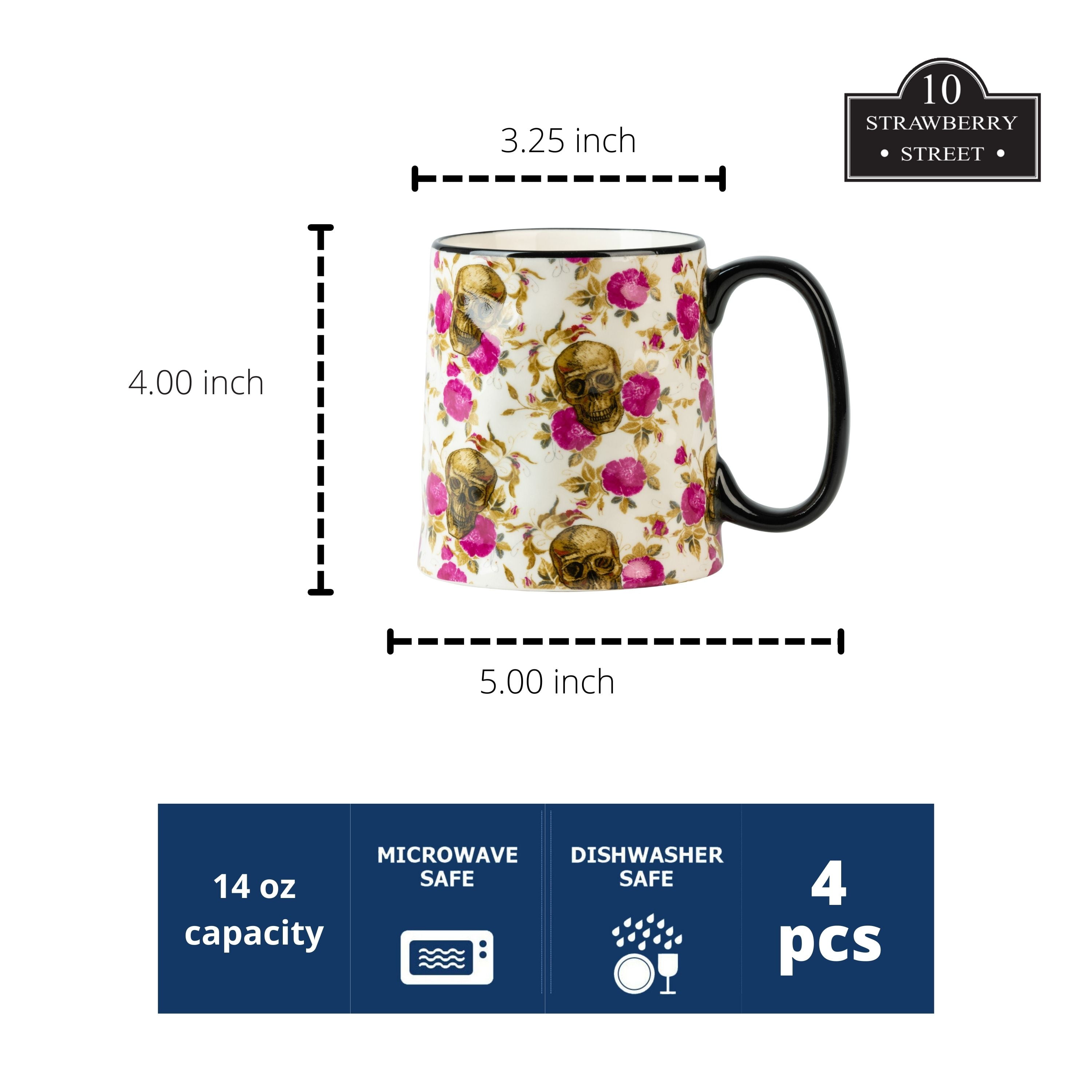 10 Strawberry Street Bella Skull And Roses 14 fl oz Ceramic Mug, Set of 4