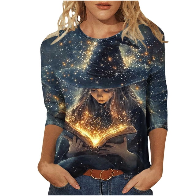 Chandail à Capuche Oversize pour Femmes, Mode Halloween, Col Rond Imprimé, Manches Trois-Quarts, T-shirt Ample, Col Rond, Grande Taille, Multicolore