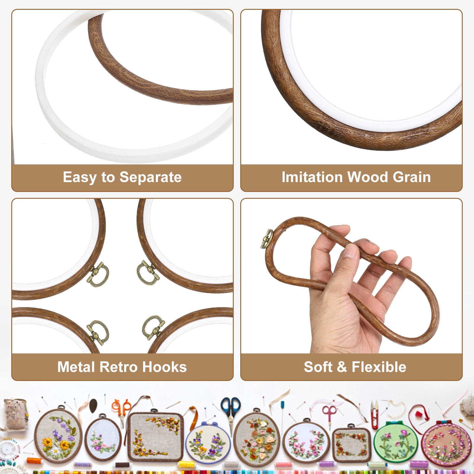 15 Pcs Embroidery Hoop Frame, Imitated Wood Round Cross Stitch Hoops with Metal Ring for Embroidery DIY Craft Sewing Wall Decor (3.15 Inch White & Brown)