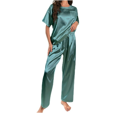 

Women s Silk Satin Pajamas Sets 2 Piece Casual Soft Crewneck Short Sleeve Tops and Pants Outfits Pjs Sleepwear