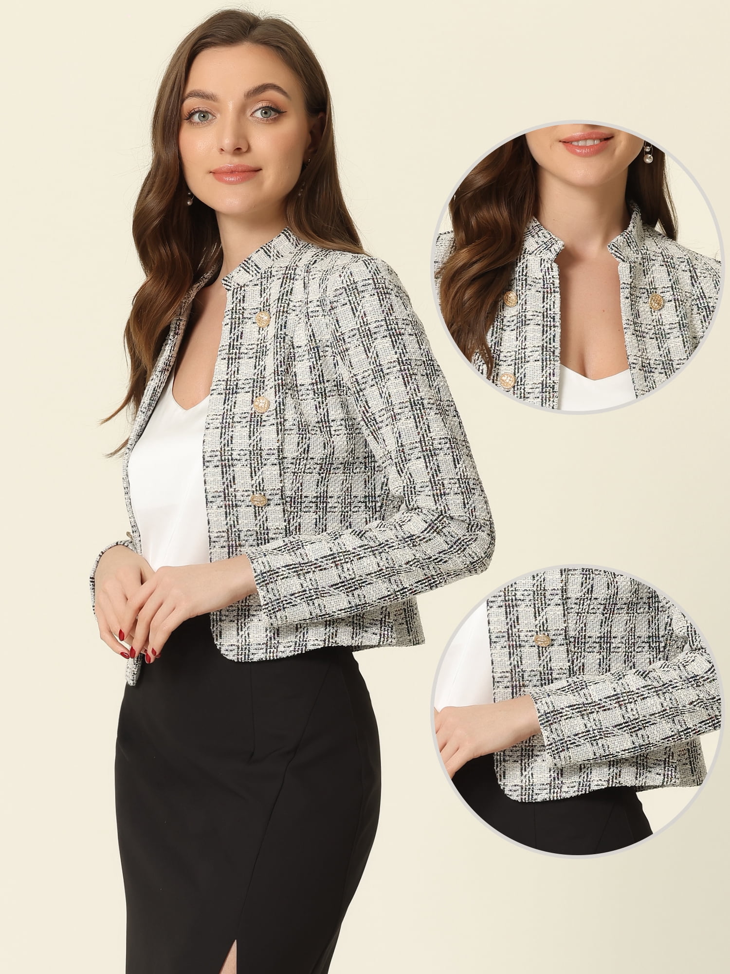 DARING DIVA Women's Elegant Stand Collar Business Plaid Tweed Blazer L White