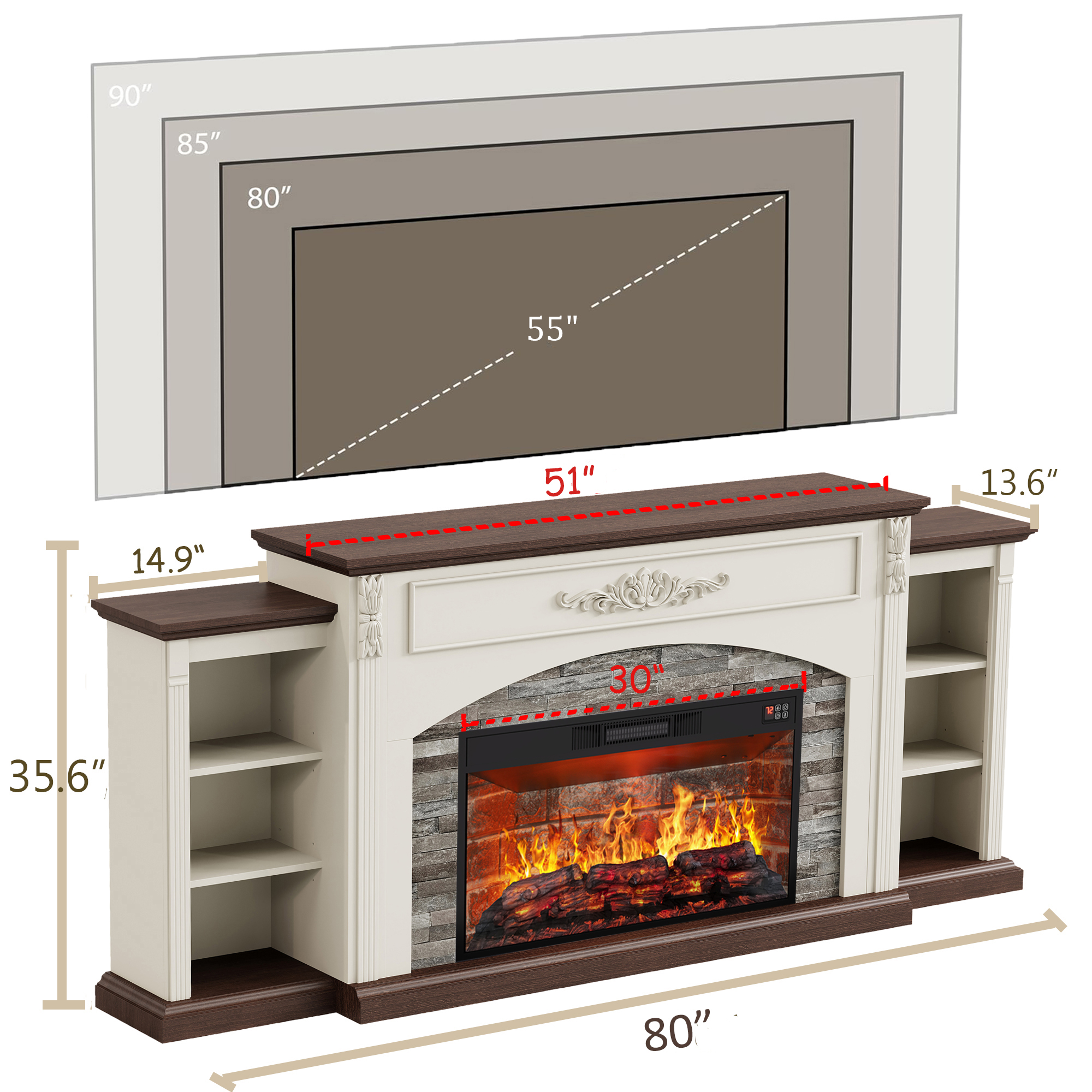 80" Electric Fireplace with Mantel, TV Stand for TVs Up to 90 Inch, Entertainment Center with Storage for Bedroom, 30'' Fireplace Insert Heater for Living Room
