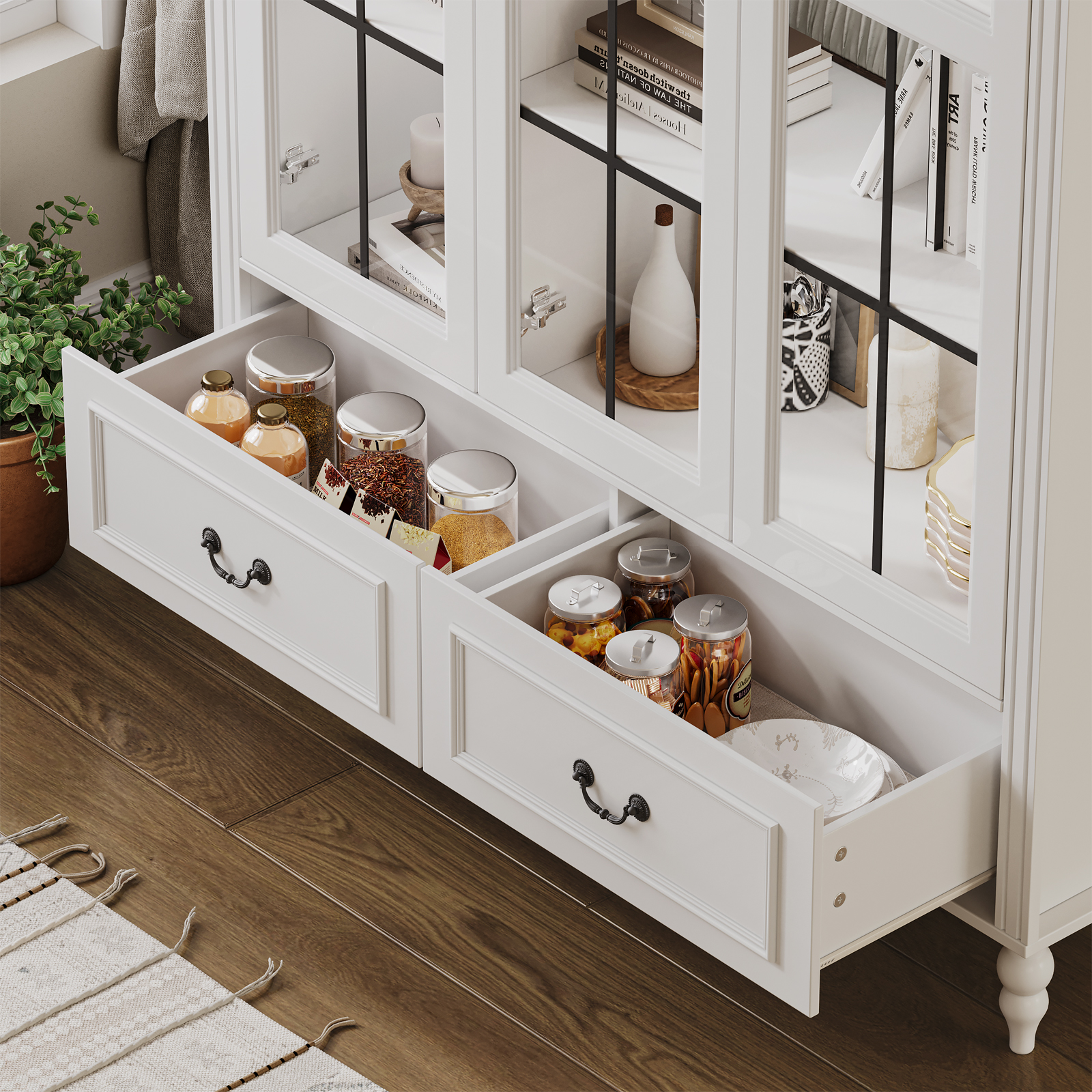 LERANO 70.8'' Tall Arched Kitchen Pantry Cabinet, Modern Display Cabinet with Glass Doors and Adjustable Shelves
