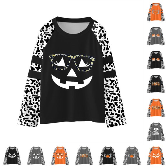 Girls Tops Tees Shirts Youths Halloween Pumpkins Letter Prints Casual Pullover Leopard Long Sleeve Sweatshirt for Little Girls 9-10 Years