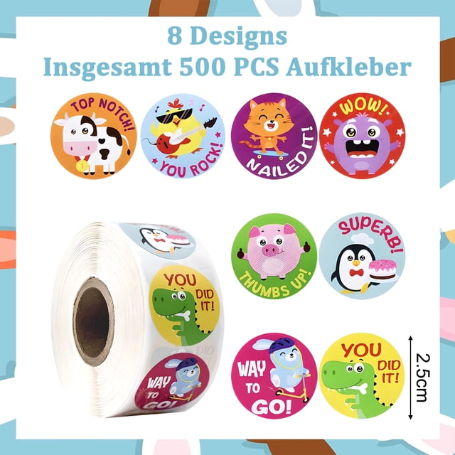 Reward Stickers for Kids, 8 Unique Animal Motivational Designs, Ideal Classroom Rewards, Bright Colors, Safe Material, Easy To Use, Perfect for Teacher Supplies, Potty Training, 500 Pieces