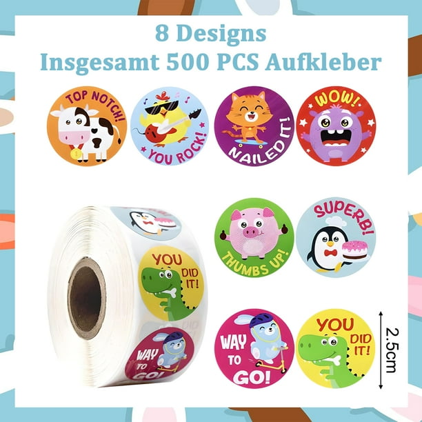 Pegatinas motivacionales para el aula, 8 diseños divertidos de Funfrenz de Illustrator, pegatinas de recompensa con adhesivo fuerte, 500 piezas, colores seguros y brillantes, fáciles de despegar y