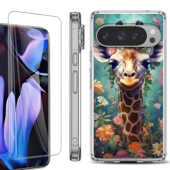 For Google Pixel 9 Pro XL Phone Case Cover, Shockproof Bumper Case with Tempered Glass Screen Protector, by OneToughShield - Giraffe Flower