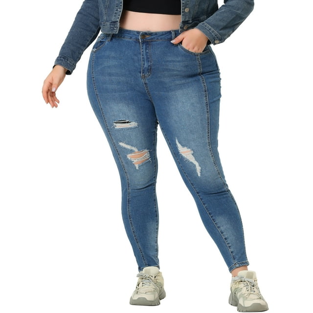 Unique Bargains Women's Plus Size Stretch Mid Rise Washed Skinny Jeans Blue-Ripped 4X