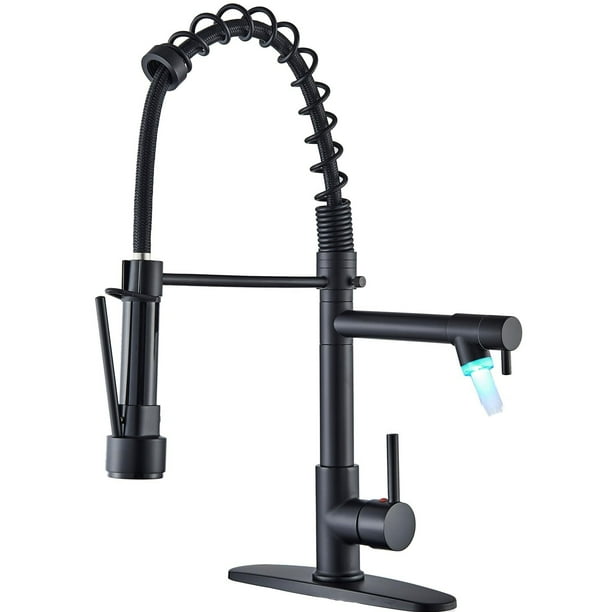 LED Negro grifo de cocina Boquilla doble grifo de fregadero Grifo monomando extraíble 360º grifo giratorio Se pueden utilizar dos boquillas simultáneamente Con tuberías de agua caliente y fría