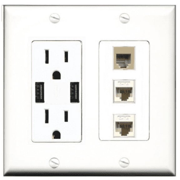 RiteAV USB Charger Outlet 15A/125V with Dual 3.6A USB Charging Ports and 1 Port Phone Beige 2 Port Cat6 Ethernet Decorative White Wall Plate
